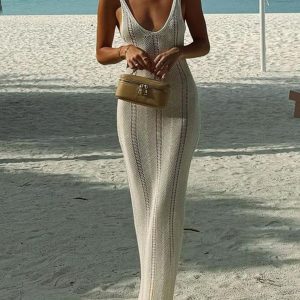 Hollow Knit Cami Maxi Dress - Y2K Aesthetic, Cute Summer Fashion, Comfy & Stylish