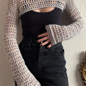 Hollow Out Knit Shrug Sweater - Cropped Fishnet Crochet Top for Y2K Fashion & Summer Style