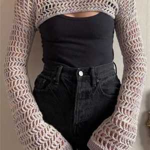 Hollow Out Knit Shrug Sweater - Cropped Fishnet Crochet Top for Y2K Fashion & Summer Style