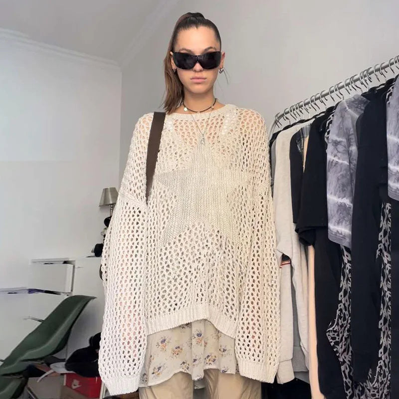 Hollow Out Oversized Knit Pullover Sweater for Women - 2024 Solid Star See-Through Cover-Up