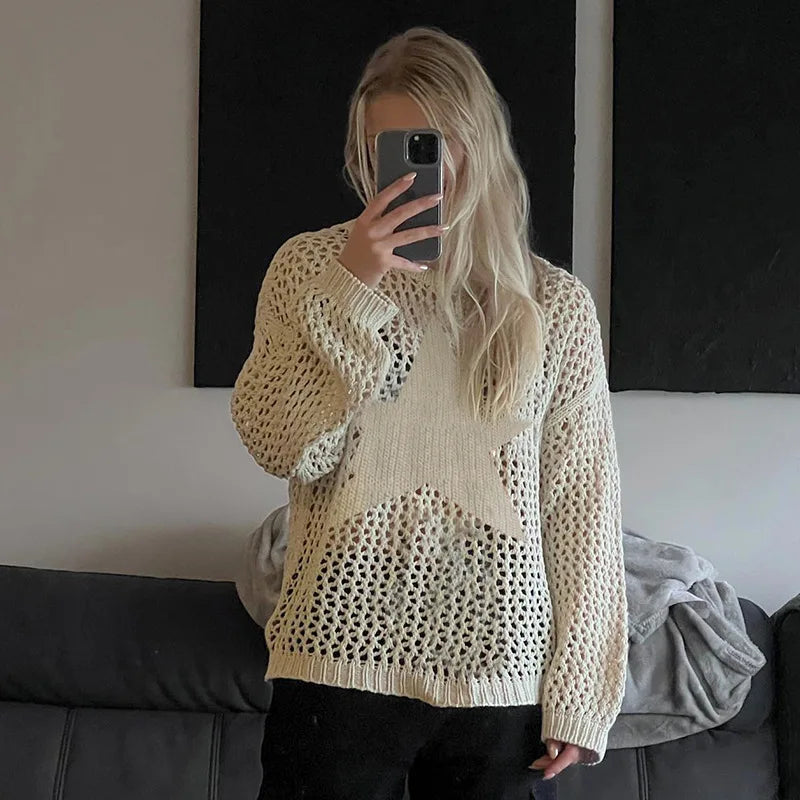 Hollow Out Oversized Knit Pullover Sweater for Women - 2024 Solid Star See-Through Cover-Up