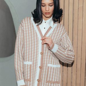 Houndstooth Oversized Cardigan for Women - Cozy Knitwear with Pockets, Casual Chic Style 2024