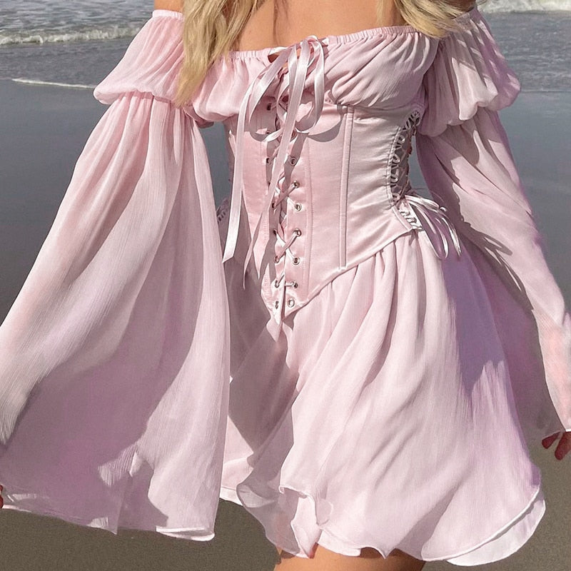 IAMHOTTY Y2K Chiffon Slash Neck Mini Dress - Summer Beach Corset Sundress in Pink for Casual Parties