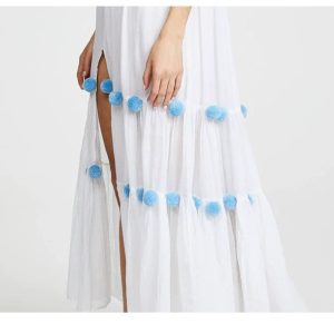 Instagram Y2K Aesthetic Beach Vacation Spaghetti Strap Fur Ball Slit Dress