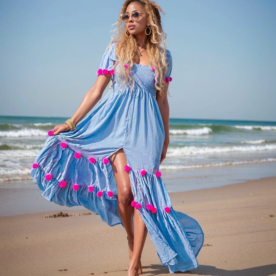 Instagram Y2K Aesthetic Beach Vacation Spaghetti Strap Fur Ball Slit Dress