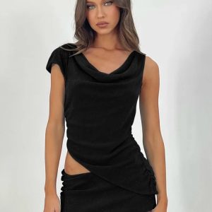 Irregular Diagonal Shoulder Ruched Mini Dress & Matching Top Set for Party Club Outfits