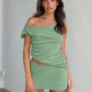 Irregular Diagonal Shoulder Ruched Mini Dress & Matching Top Set for Party Club Outfits