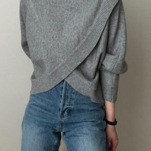 Irregular Half Turtleneck Loose Pullover Sweater for Y2K Aesthetic Fashion Lovers