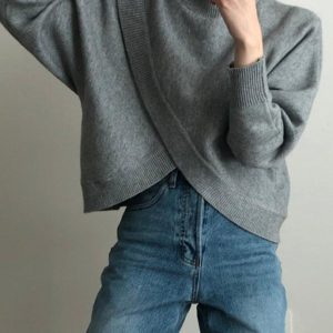 Irregular Half Turtleneck Loose Pullover Sweater for Y2K Aesthetic Fashion Lovers