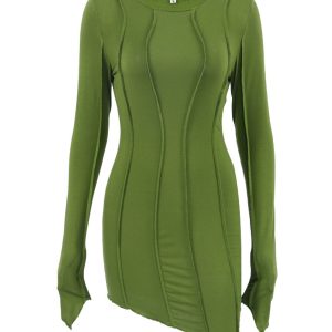 Irregular Shirred Long Sleeve Bodycon Mini Dress in Y2K Aesthetic Style