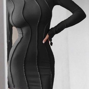 Irregular Shirred Long Sleeve Bodycon Mini Dress in Y2K Aesthetic Style