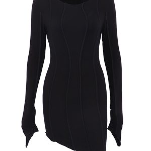 Irregular Shirred Long Sleeve Bodycon Mini Dress in Y2K Aesthetic Style