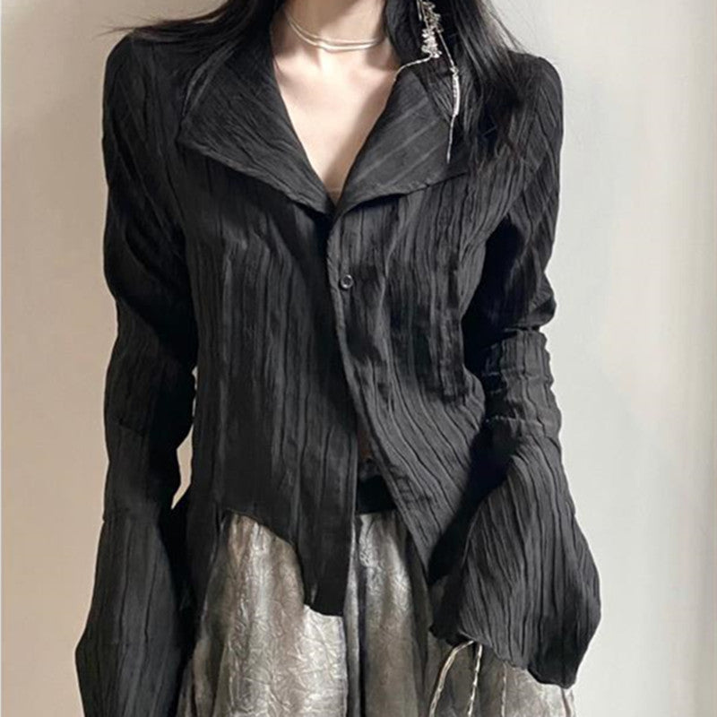 Irregular Striped Y2K Aesthetic Long Sleeve Button Down Blouse for Trendy Outfits