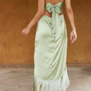 Irregular Tassel Backless Bow Cami Dress - Y2K Aesthetic Cute Summer Outfit