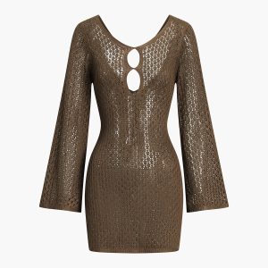 Jacquard Cut Out Bell Sleeve Knit Dress - Y2K Aesthetic Short Dress for Trendy Looks