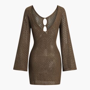 Jacquard Cut Out Bell Sleeve Knit Dress - Y2K Aesthetic Short Dress for Trendy Looks