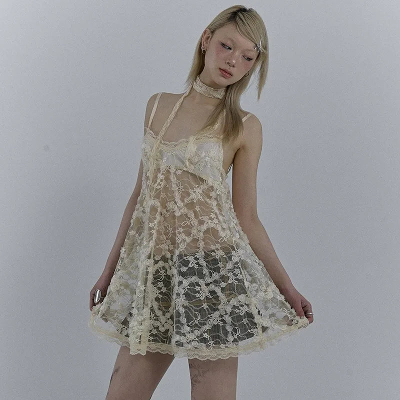 Japanese Y2K Lace Dress with Grunge Aesthetic, Hollow Out Design, Vintage Fairycore Evening Wear