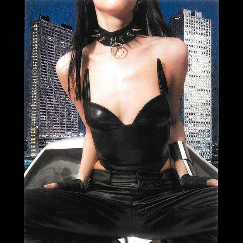 Journie Faux Leather Top: Y2K Aesthetic Crop Top for Grunge and Coquette Styles