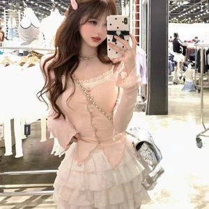 Kawaii 3-Piece Y2K Fashion Set: Cute Crop Top, Pink Cardigan & Sweet Mini Cake Skirt