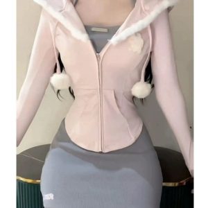 Kawaii 3-Piece Y2K Fashion Set: Cute Pink Hooded Coat, Casual Vest & Mini Skirt Outfit