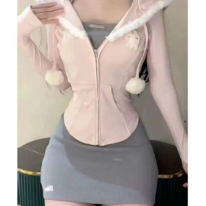 Kawaii 3-Piece Y2K Fashion Set: Cute Pink Hooded Coat, Casual Vest & Mini Skirt Outfit