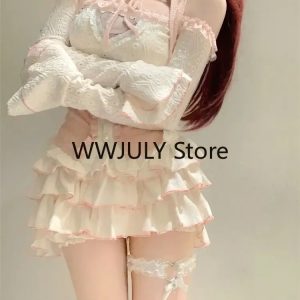 Kawaii Autumn 3-Piece Set: Casual Crop Tops, Slim Cake Skirt & Pink Lace Vest 2024