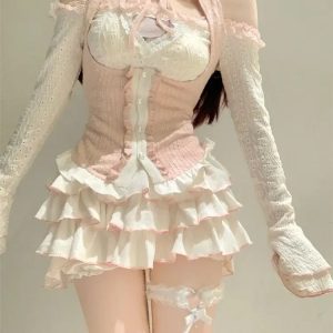 Kawaii Autumn 3-Piece Set: Casual Crop Tops, Slim Cake Skirt & Pink Lace Vest 2024