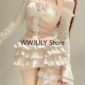 Kawaii Autumn 3-Piece Set: Casual Crop Tops, Slim Cake Skirt & Pink Lace Vest 2024