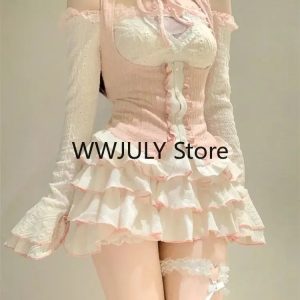 Kawaii Autumn 3-Piece Set: Casual Crop Tops, Slim Cake Skirt & Pink Lace Vest 2024