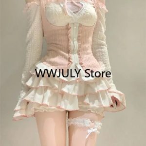 Kawaii Autumn 3-Piece Set: Casual Crop Tops, Slim Cake Skirt & Pink Lace Vest 2024