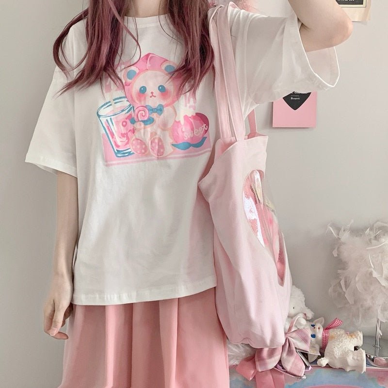 Kawaii Bear Print T-Shirt - Adorable Y2K Aesthetic Tee for Cute Outfits and Summer Vibes