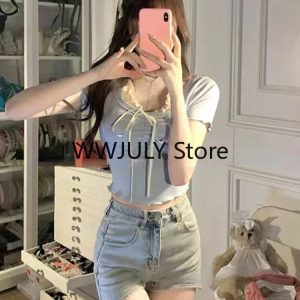 Kawaii Blue Bodycon Crop Top for Women - Y2K Casual Slim Blouse, Chic Streetwear 2024