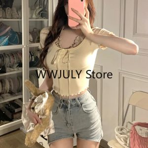 Kawaii Blue Bodycon Crop Top for Women - Y2K Casual Slim Blouse, Chic Streetwear 2024