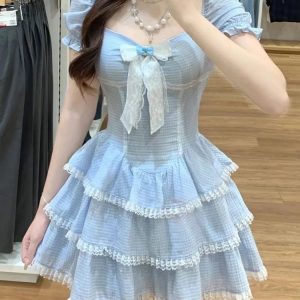 Kawaii Blue Plaid Y2K Mini Dress with Lace - Elegant Short Party Dress for Summer Fashion