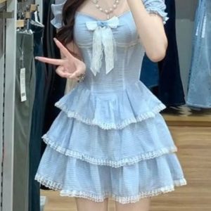 Kawaii Blue Plaid Y2K Mini Dress with Lace - Elegant Short Party Dress for Summer Fashion