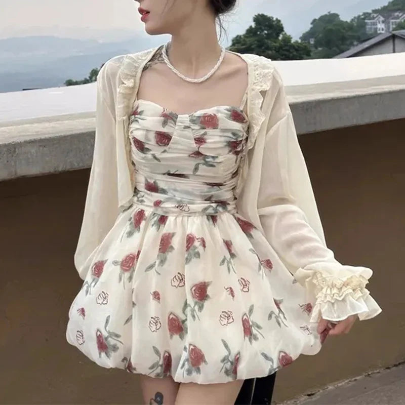 Kawaii Floral Suspender Dress - Elegant Summer Fashion with Waist-Cinching Design 2024