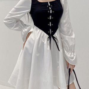 Kawaii Patchwork Mini Corset Dress with Ruffle Sleeves - Summer A-Line Party Outfit