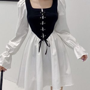 Kawaii Patchwork Mini Corset Dress with Ruffle Sleeves - Summer A-Line Party Outfit