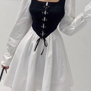 Kawaii Patchwork Mini Corset Dress with Ruffle Sleeves - Summer A-Line Party Outfit