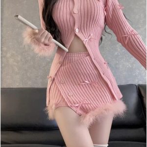 Kawaii Pink Knitted Sweater & Bodycon Y2K Mini Skirt Set - Elegant Casual Korean Fashion