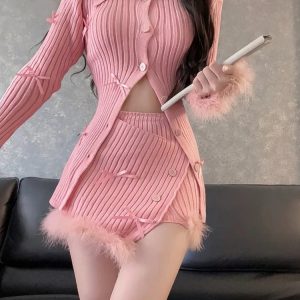 Kawaii Pink Knitted Sweater & Bodycon Y2K Mini Skirt Set - Elegant Casual Korean Fashion