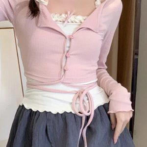 Kawaii Pink Long Sleeve 2 Piece Set - Casual Korean Style Blouse for Summer Fashion 2024