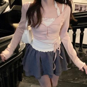 Kawaii Pink Long Sleeve 2 Piece Set - Casual Korean Style Blouse for Summer Fashion 2024