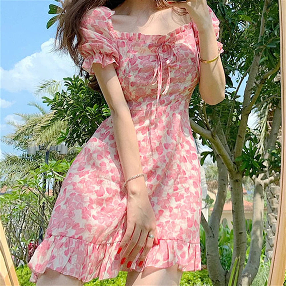 Kawaii Pink Puff Sleeve Mini Dress with Ruffle High Waist and Floral Print - Summer Aesthetic