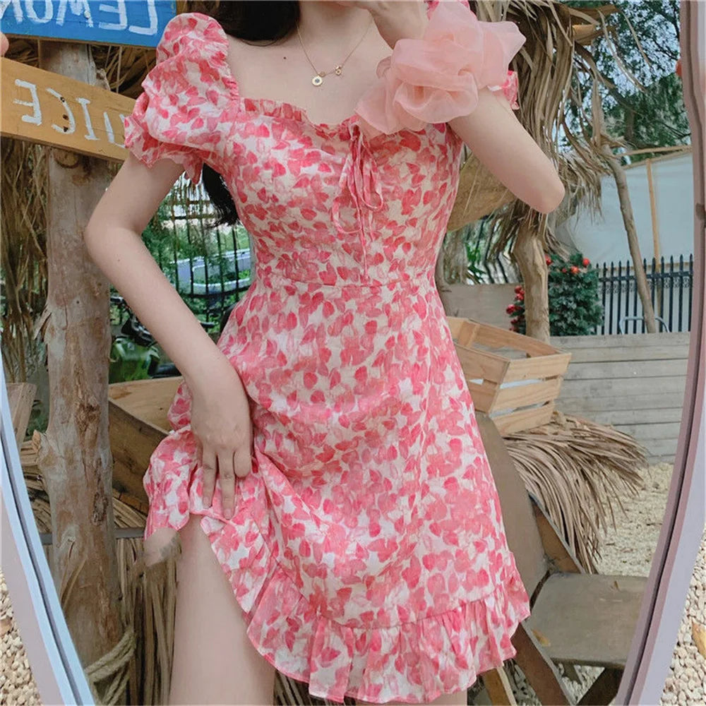 Kawaii Pink Puff Sleeve Mini Dress with Ruffle High Waist and Floral Print - Summer Aesthetic