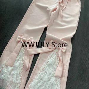 Kawaii Pink Sweet Lolita Flared Pants with Bow Lace Ruffles - Vintage Fairy Aesthetic Trousers