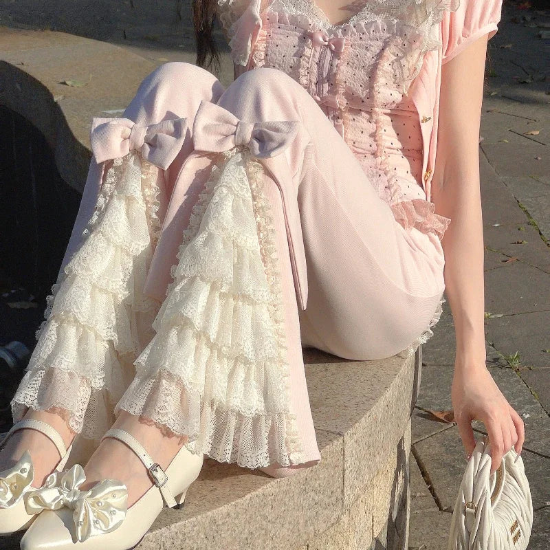 Kawaii Pink Sweet Lolita Flared Pants with Bow Lace Ruffles - Vintage Fairy Aesthetic Trousers