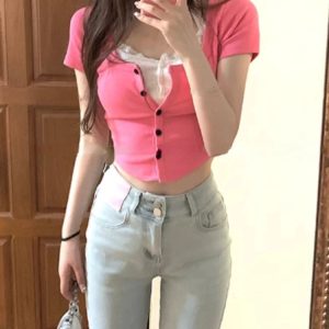 Kawaii Slim Fit Y2K Crop Top - Short Sleeve Bodycon Blouse for Casual Summer Style