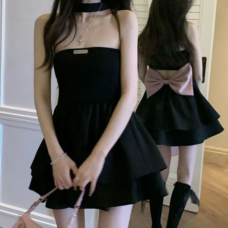 Kawaii Summer Black Bow Mini Dress - Cute Casual Party Dress for Women in Korean Fashion 2024