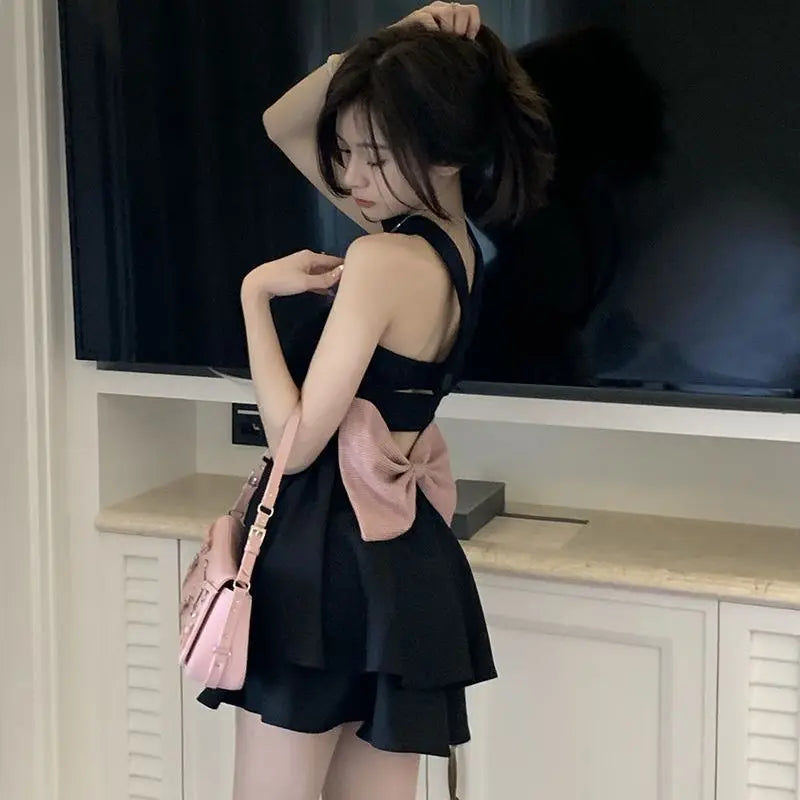 Kawaii Summer Black Bow Mini Dress - Cute Casual Party Dress for Women in Korean Fashion 2024